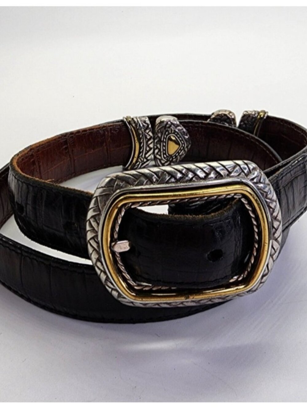 Brighton Reversible Croc Embossed Leather Belt w/ Silver & Gold Buckle Size 30